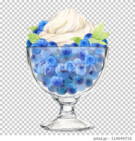Ripe blueberries in a dessert glass and a beautiful whipped cream top on top. Watercolor illustration. Refreshing summer dessert, frozen yogurt and berries, mint. Clipart for cafe, restaurant menu 114049718