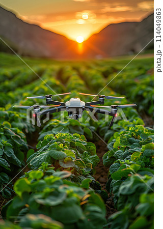 Drone is flying over a field of green plants. Modern technologies in agriculture 114049863