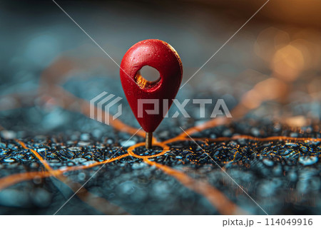Red pin is placed on a map, indicating a specific location. Concept of direction and purpose 114049916