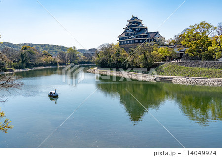 岡山県　お堀側から見た岡山城と白鳥ボート 114049924