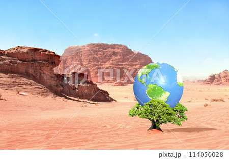 Earth day. Planet on green leaves on tree in sand desert. Ecology, go green, environmental and conservation protection. Concept of global warning, climate change and dying Earth. 3d render Earth day. Planet on green leaves on tree in sand desert. Ecology, go green, environmental and conservation protection. Concept of global warning, climate change and dying Earth. 3d render 114050028