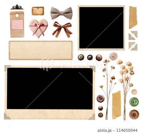 Collection of vintage elements for scrapbooking. Nostalgic set of retro photo, linen bows, dry pressed flower and leaf, buttons, paper corners for album. Isolated on white background Collection of vintage elements for scrapbooking. Nostalgic set of retro photo, linen bows, dry pressed flower and leaf, buttons, paper corners for album. Isolated on white background 114050044