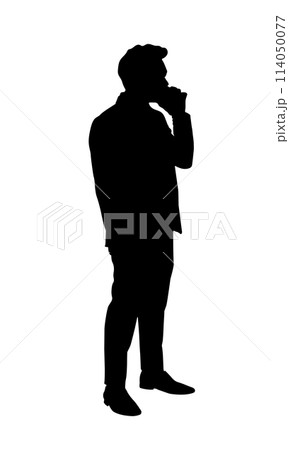 Silhouette of a person standing holding smartphone, the concept uses smart connection mobile online, vector illustration Silhouette of a person standing holding smartphone, the concept uses smart connection mobile online, vector illustration 114050077