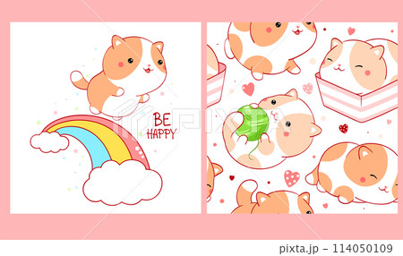 Set of seamless pattern and one print with cute cats in kawaii style. Endless texture can be used for textile pattern fills, t-shirt design, web page background. Inscription Be happy. Vector EPS8 114050109
