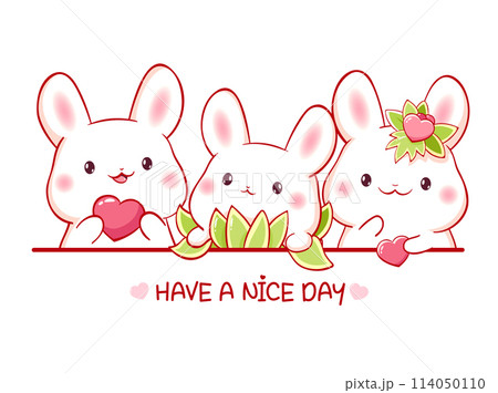 Set of little bunny with pink heart in kawaii style. Easter collection of Cute rabbit. Childish print with tiny baby rabbits for t-shirt print, sticker, greeting card design. Vector illustration EPS10 114050110
