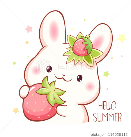 Cute season card in kawaii style. Lovely little bunny with strawberry. Inscription Hello summer. Can be used for t-shirt print, stickers, greeting card design. Vector illustration EPS8 Cute season card in kawaii style. Lovely little bunny with strawberry. Inscription Hello summer. Can be used for t-shirt print, stickers, greeting card design. Vector illustration EPS8 114050115