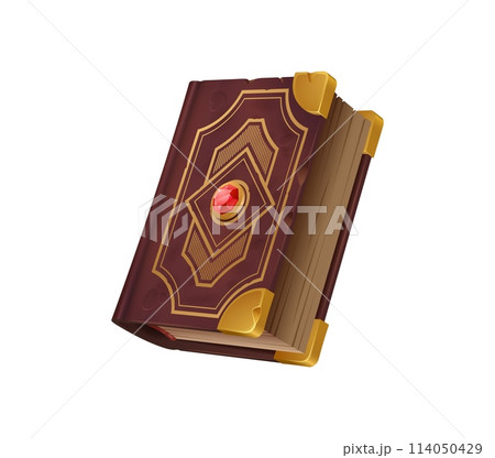 Game book in cover frame, fantasy magic book with old vintage paper pages, cartoon vector. Game book with red crystal gem on antique leather cover, fairy tale or magic game asset and GUI element 114050429