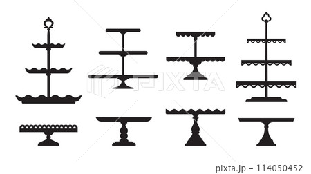 Wedding cake stands and platter trays or dessert plates and table tiers, vector silhouette icons. Wedding cake serving stand or pastry platters for restaurant food, bakery pies podium or level tray 114050452
