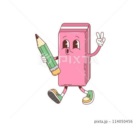 Cartoon retro groovy school eraser character. Isolated vector funny anthropomorphic pink rubber educational supply with friendly face walking and holding a pencil while making peace sign with one hand 114050456