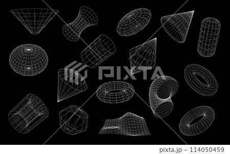 3D wireframe shapes and wire mesh grid forms, brutal and retro perspective tech, abstract vector. Wireframe globe sphere, tunnel and cone pyramid with polygon and funnel in 3D wire line mesh 3D wireframe shapes and wire mesh grid forms, brutal and retro perspective tech, abstract vector. Wireframe globe sphere, tunnel and cone pyramid with polygon and funnel in 3D wire line mesh 114050459