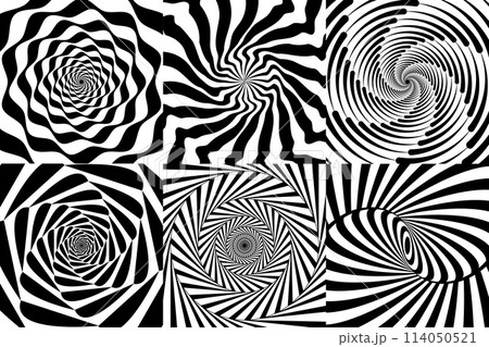 Hypnotic spiral swirl, psychedelic hypnosis patterns. Vector swirling black and white backgrounds with spinning vortex. Optical illusions twists, twirls and radiant stripes for hypnotherapy effect 114050521