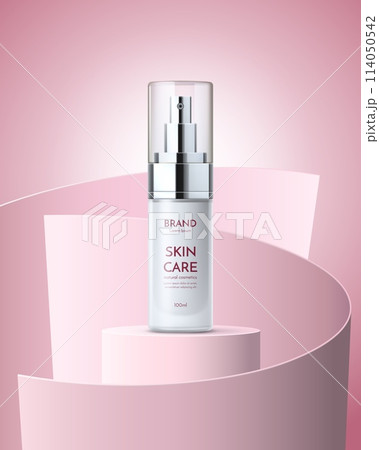 Skin care product pink podium stage. Vector beauty and make up production realistic bottle mockup on pedestal with modern curve decor. Brand promotion or advertising with cream, milk or gel spray tube Skin care product pink podium stage. Vector beauty and make up production realistic bottle mockup on pedestal with modern curve decor. Brand promotion or advertising with cream, milk or gel spray tube 114050542