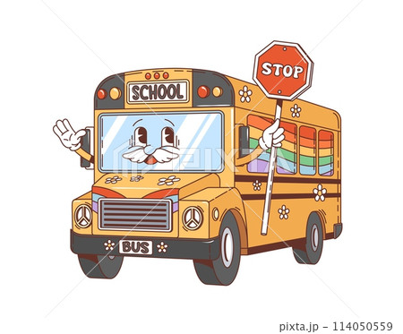 Cartoon retro groovy school bus character. Isolated vector funky yellow bus holding stop sign. Cheerful vehicle personage with mustached smiling face, playful flowers and rainbow transporting students Cartoon retro groovy school bus character. Isolated vector funky yellow bus holding stop sign. Cheerful vehicle personage with mustached smiling face, playful flowers and rainbow transporting students 114050559