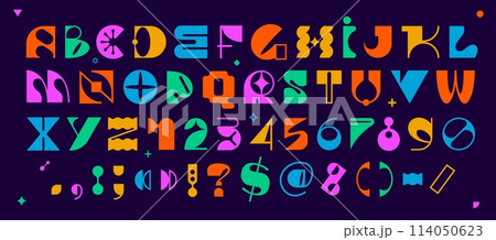 Modern brutal font, geometric swiss type. Vector alphabet, bold aesthetic typeface, english typography abc colorful letters, punctuation symbols and numbers. Brutalism uppercase creative vibrant font 114050623