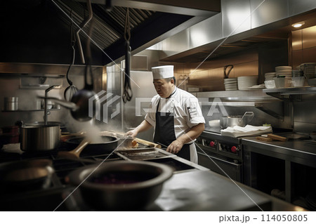 Professional chef cooking on restaurant kitchen 114050805
