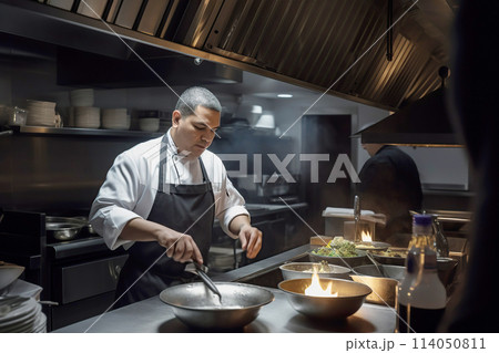 Professional chef cooking on restaurant kitchen 114050811