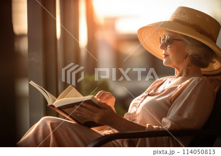 Senior caucasian woman reading book outdoor 114050813