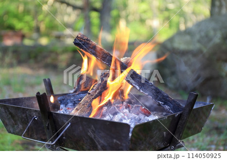 春のキャンプで焚き火台での焚き火 114050925