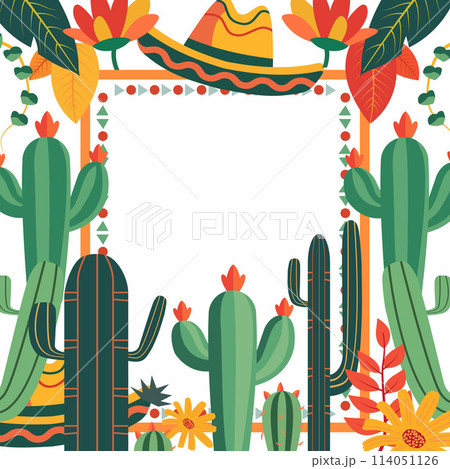 Cinco De Mayo Frame Background with Cowboy Hat Cactus Decoration and Copy Space Cinco De Mayo Frame Background with Cowboy Hat Cactus Decoration and Copy Space 114051126