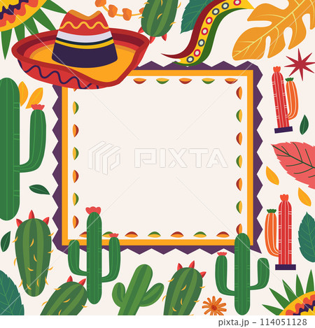 Cinco De Mayo Frame Background with Cowboy Hat Cactus Decoration and Copy Space 114051128