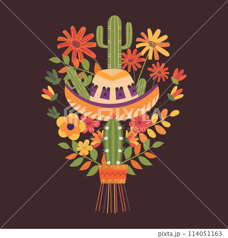 Cinco De Mayo Celebration in Mexico with Cactus Plant and Flower Floral Decoration 114051163