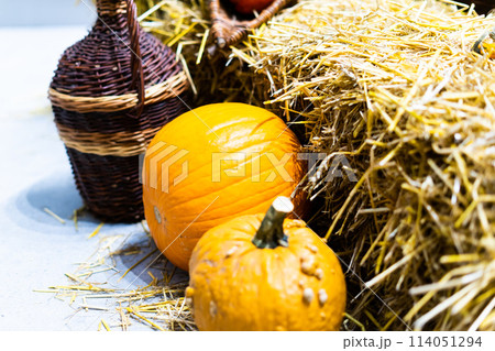 Orange halloween pumpkins on stack of hay or straw in sunny day, fall display Orange halloween pumpkins on stack of hay or straw in sunny day, fall display 114051294