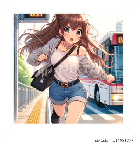 時間ギリギリ　こちらに向かって猛ダッシュするかわいい女子　デニムショート　ロングヘアー　AI制作 114051777