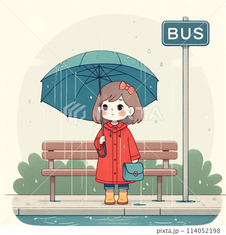 雨の中傘をさしてバスを待つ少女 114052198