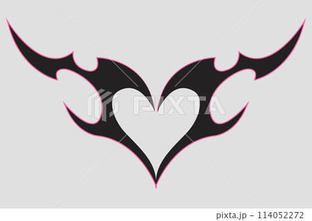 Neo tribal heart y2k aesthetic tattoo gothic cover, fire or wings abstract silhouette isolated on background. Divider, border, cyber body ornament, neotribal web goth decoration 114052272