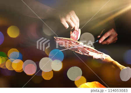 Dry Spanish ham, Jamon Serrano, Bellota, Italian Prosciutto Crudo or Parma ham. 114053083