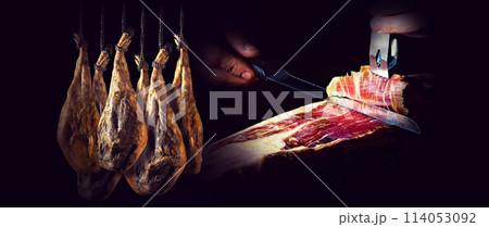 Dry Spanish ham, Jamon Serrano, Bellota, Italian Prosciutto Crudo or Parma ham. Dry Spanish ham, Jamon Serrano, Bellota, Italian Prosciutto Crudo or Parma ham. 114053092