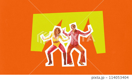 Poster. Contemporary art collage. Talented man and woman dance in pair energetic dances in style of 80s against vibrant background. Trendy magazine style. 114053404
