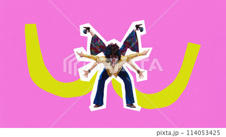 Poster. Contemporary art collage. Talented young people, man and woman, in bright costumes dance jive. Trendy magazine style. 114053425