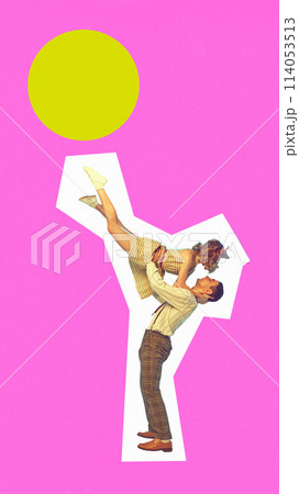 Poster. Contemporary art collage. Duet young man and woman dancing with improvisation hustle in retro clothes. Trendy magazine style. Poster. Contemporary art collage. Duet young man and woman dancing with improvisation hustle in retro clothes. Trendy magazine style. 114053513