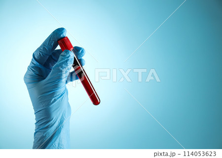 Test tube with donor blood in doctor's hand on blue background, space for text 114053623