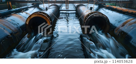 Wastewater pipes from industrial plants which is a large pipe made of metal. The wastewater flowing from the pipe is black and cloudy. Used to campaign to make people aware of environmental problems. Wastewater pipes from industrial plants which is a large pipe made of metal. The wastewater flowing from the pipe is black and cloudy. Used to campaign to make people aware of environmental problems. 114053628