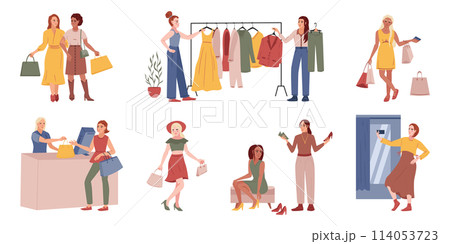 Women shopping icons in flat design 114053723