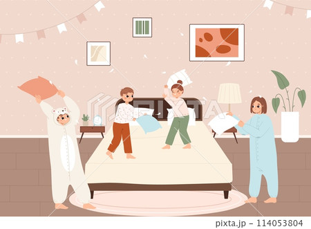 Pillow fight in bedroom. Family play together before sleep. Adults and children wearing pajamas and kigurumi. Happy time, childhood snugly vector scene Pillow fight in bedroom. Family play together before sleep. Adults and children wearing pajamas and kigurumi. Happy time, childhood snugly vector scene 114053804