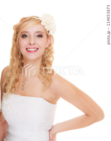 Wedding day. Portrait happy woman bride isolated 114053873