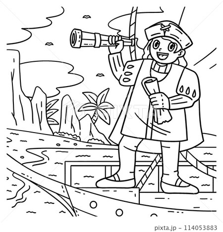 Columbus Day Man with Scroll Telescope Coloring  114053883