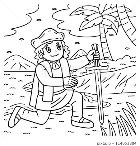 Columbus Day Man Kneeling on Shore Coloring Page  114053884
