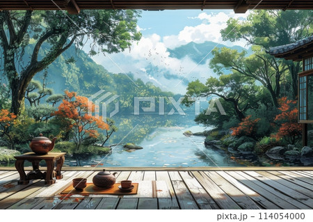 Traditional garden with mountain scenery in the ba 114054000