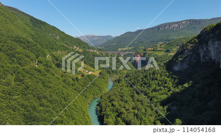 Aerial view on Djurdjevica arch bridge over Tara 114054168