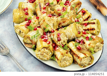 Georgian eggplant rolls, badrijani 114054251