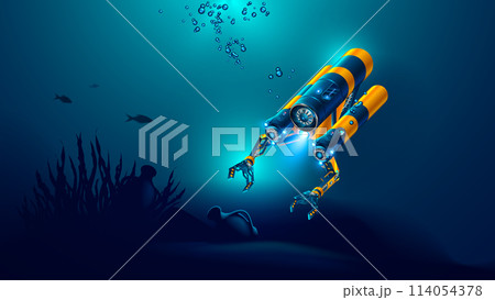 Robot underwater exploration seabed. Autonomous underwater drone with camera, robotic arms research ancient ruins, ancient amphora at bottom of ocean. Underwater oceanographer drone treasure hunter. Robot underwater exploration seabed. Autonomous underwater drone with camera, robotic arms research ancient ruins, ancient amphora at bottom of ocean. Underwater oceanographer drone treasure hunter. 114054378