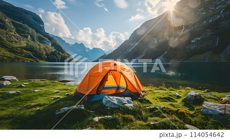 Beautiful campsite. Warm sunlight shine through the mountains onto green field. The lake and tranquil valley are visible in the background. We will experience an adventure amidst the beauty of nature. 114054642
