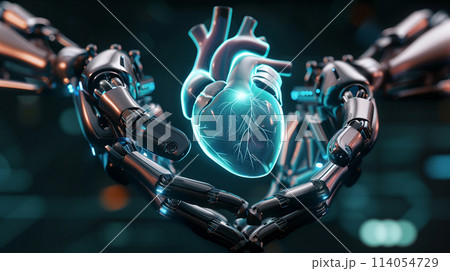 robotic hand holding heart. modern healthcare and treatment 114054729
