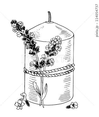 A candle with a rope around it and lavender flowers. Vector illustration of vintage candlelight with flowers. Black line art print drawing. Sketch on isolated background. Hand drawn editable clipart 114054737