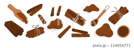 Cinnamon sticks and powder. Organic aroma product. Sweet cooking dry spices. Desserts seasoning. Bakery and coffee condiment. Culinary ingredient. Gourmet spicy taste. Garish vector set Cinnamon sticks and powder. Organic aroma product. Sweet cooking dry spices. Desserts seasoning. Bakery and coffee condiment. Culinary ingredient. Gourmet spicy taste. Garish vector set 114054771