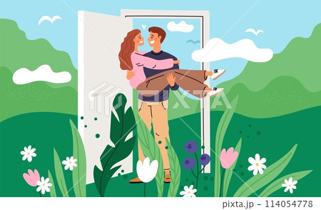 Happy man carries woman in his arms. Couple in love comes out of door to beautiful nature. Romantic relationships. Lovers discovery new life. Scenic landscape. Garish vector concept 114054778